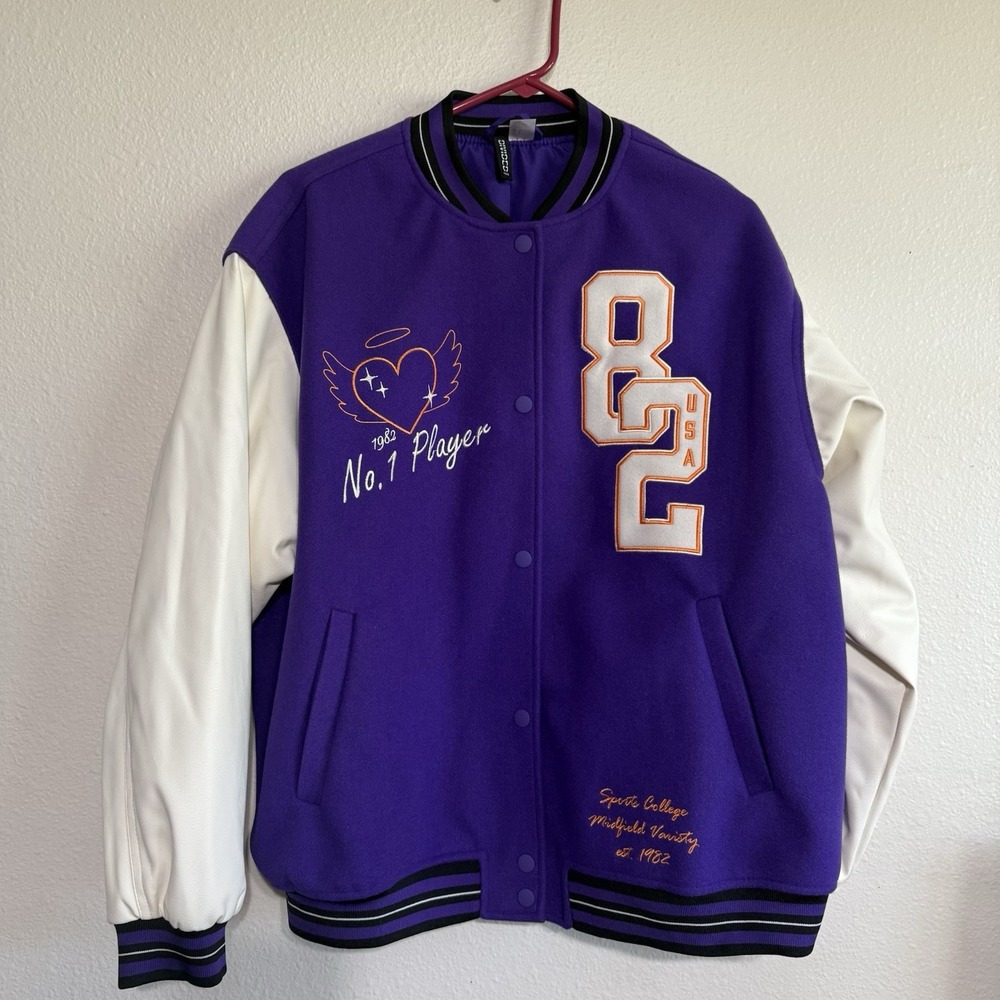 H&M DIVIDED PURPLE TWILL BASEBALL VARSITY LOOSE‎ FIT BOMBER JACKET WOMEN Large